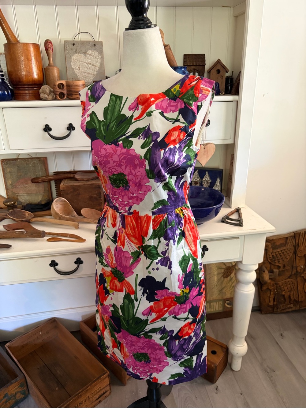 J. Crew Floral Sleeveless Sheath Dress in White with Pink & Purple Bloom